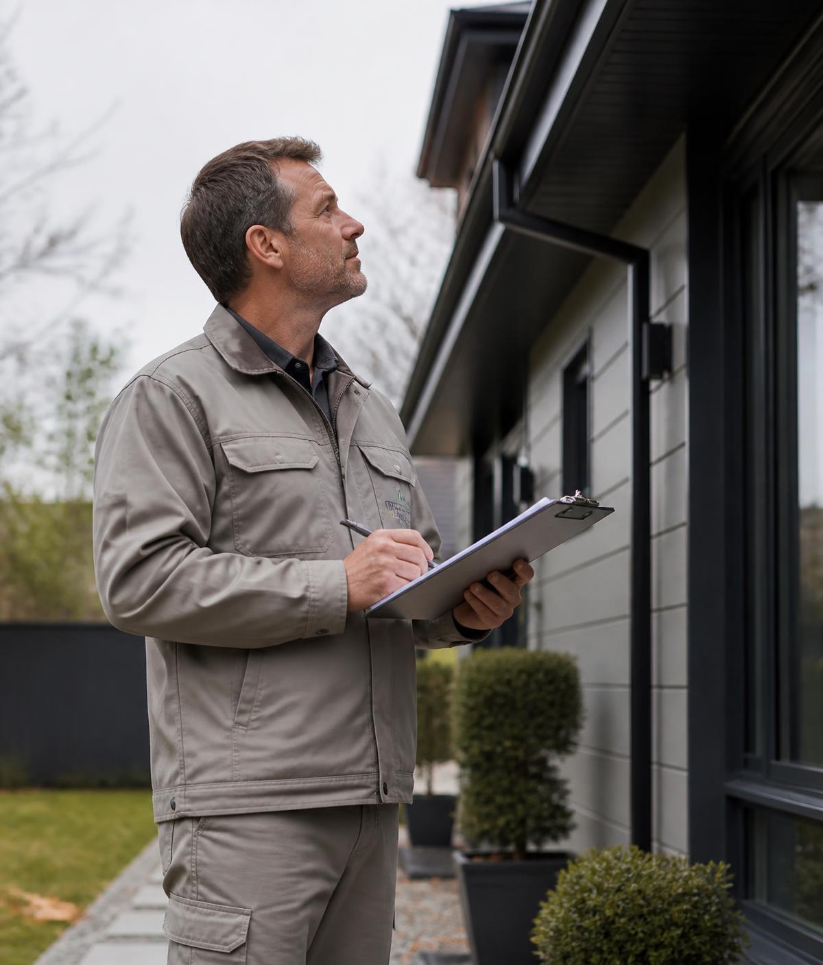 Property specialist inspecting a maintained home exterior