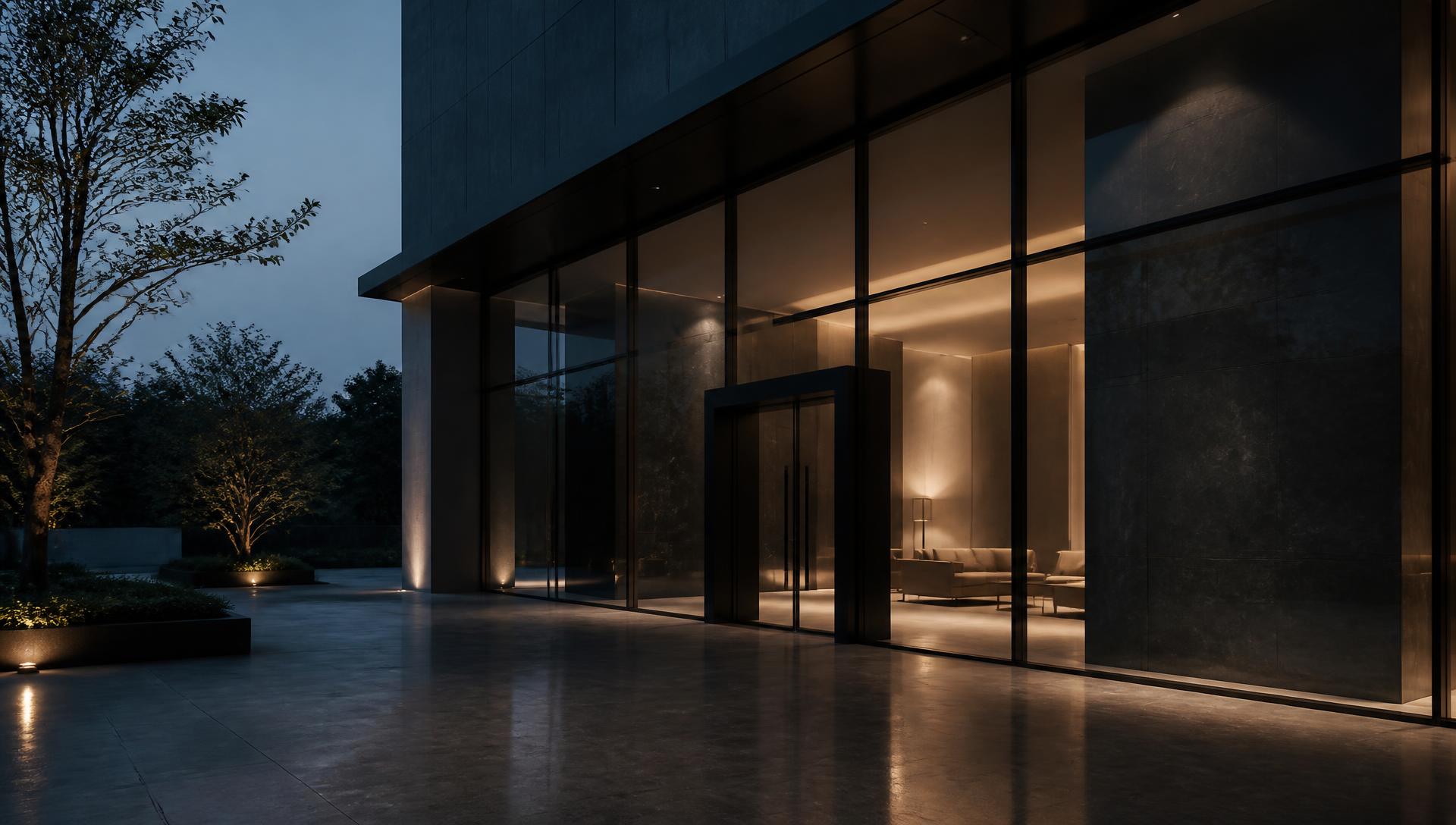 Modern property management office entrance at dusk
